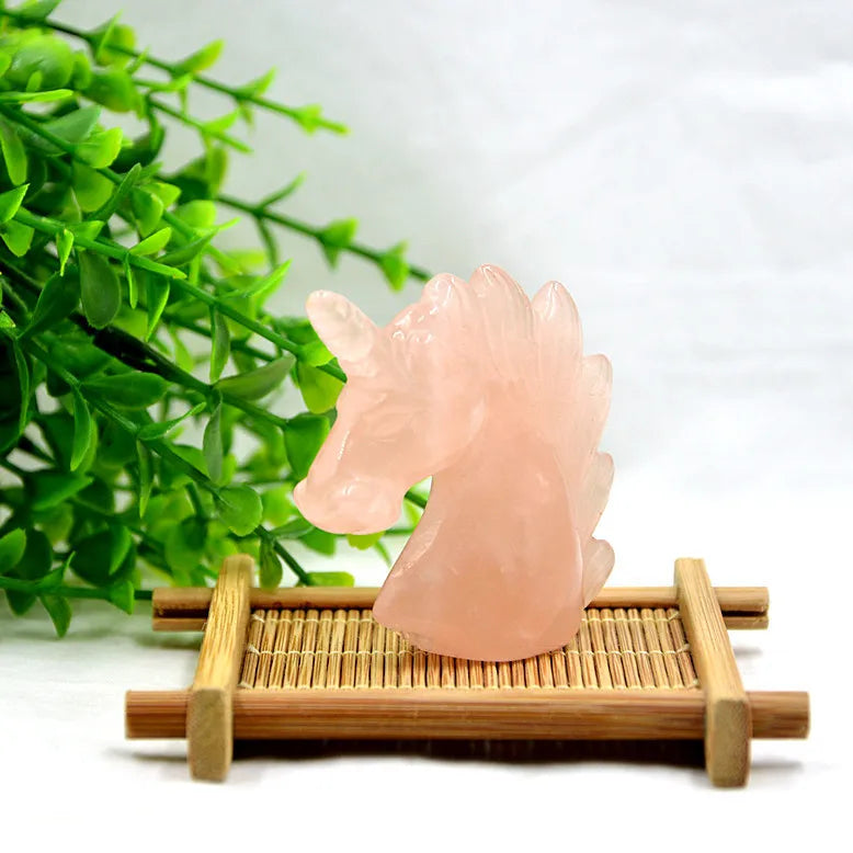 HY Hot Sale Natural Crystal Unicorn Statues 50*50*20mm Art Scupture Gemstone Rose Quartz Carved Unicorns for Gifts