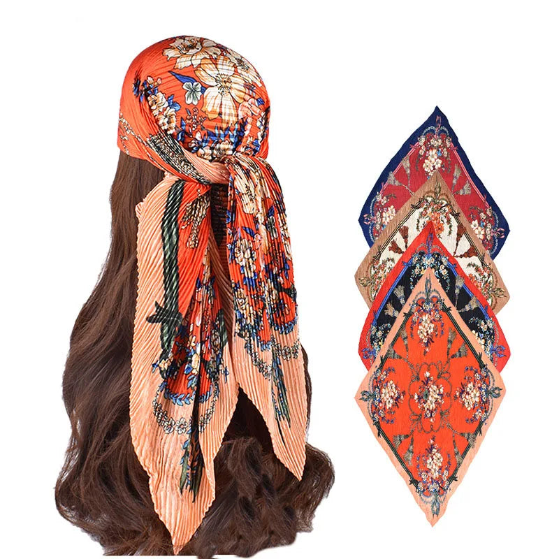 2024 New Personalized Fashion Bouquet Pattern Wrinkle Satin square Scarf Wholesale Imitation Silk Scarf