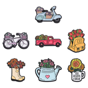 7 Styles Flowers Brooches Custom Design Sunflower Rose Bike Truck Soft Enamel Pins Lapel Badges Plants Cartoon Gift Wholesale
