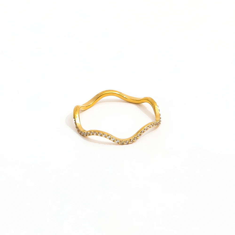 Joolim High End 18K Gold Plated Dainty Waved Zirconia Half Pave Rings for Women Finger Ring New