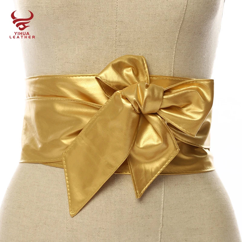 Women Soft PU Leather Self Tie Knot Belts Fancy Dresses Large Size Wide Cinch Belts No Buckle Gold Leather OBI Belt for Lady
