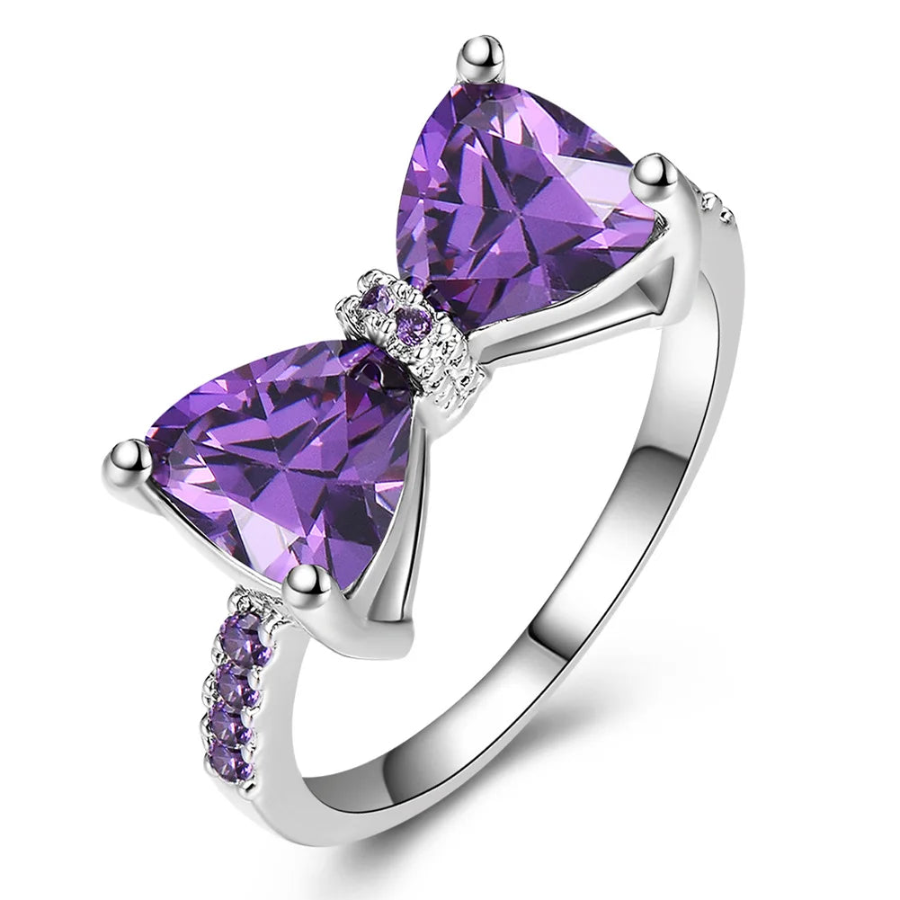 Dainty Purple Zircon Wedding Rings for Women Charm Luxury Crystal Cluster Bow Rings Engagement Rings Fashion Jewelry Party Gift