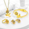JUSNOVA Wholesale 4pcs Jewelry Set of 18K Gold Plated Stainless Steel Jewelry White Rose Zircon Earrings Necklace Bracelet Ring