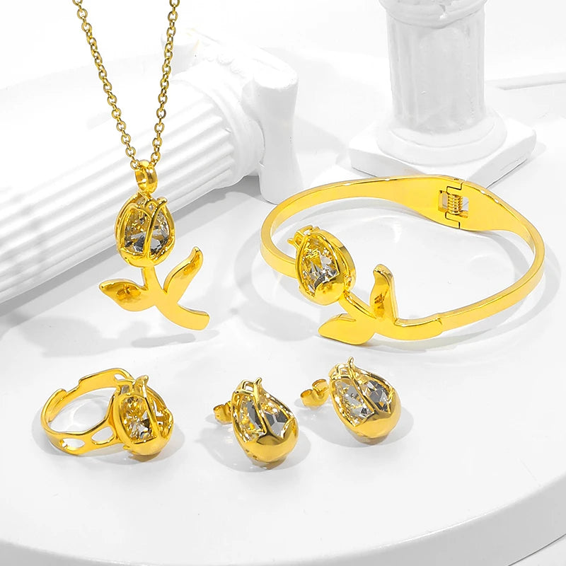 JUSNOVA Wholesale 4pcs Jewelry Set of 18K Gold Plated Stainless Steel Jewelry White Rose Zircon Earrings Necklace Bracelet Ring