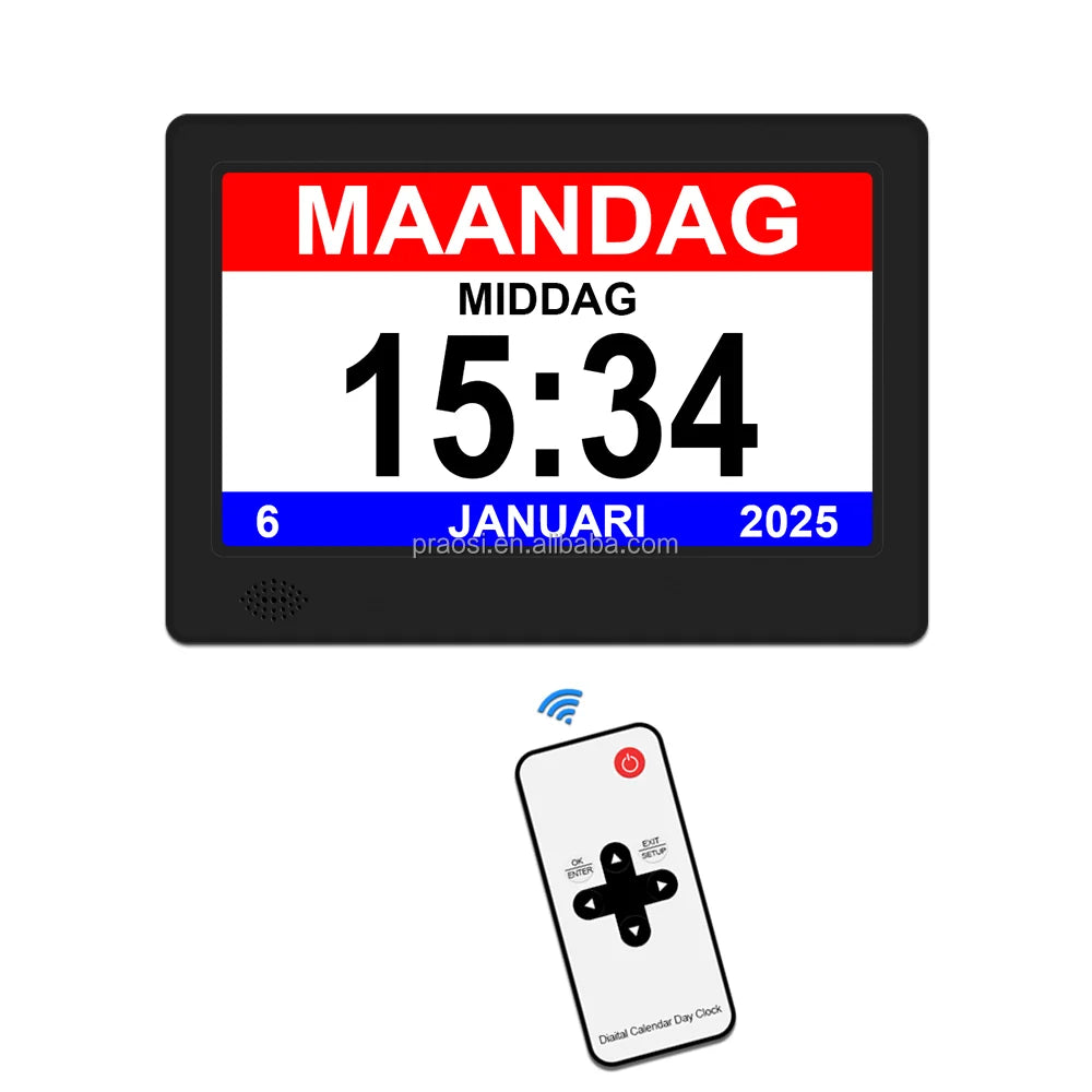 Pros 7" Digital Calendar Day Clock Extra Large Non-Abbreviated Day Month Impaired Vision Memory Loss Clock Medication Reminder