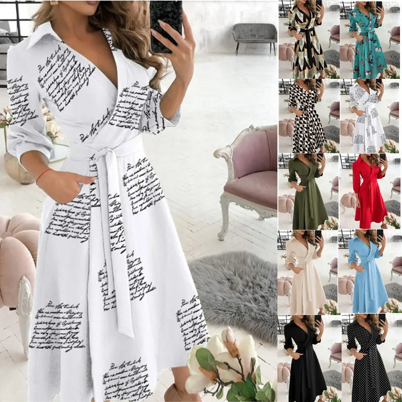 Ebay Aliexpress Cheap Price New Long Sleeve Dress Women Belt Printed Casual Shirt Dress