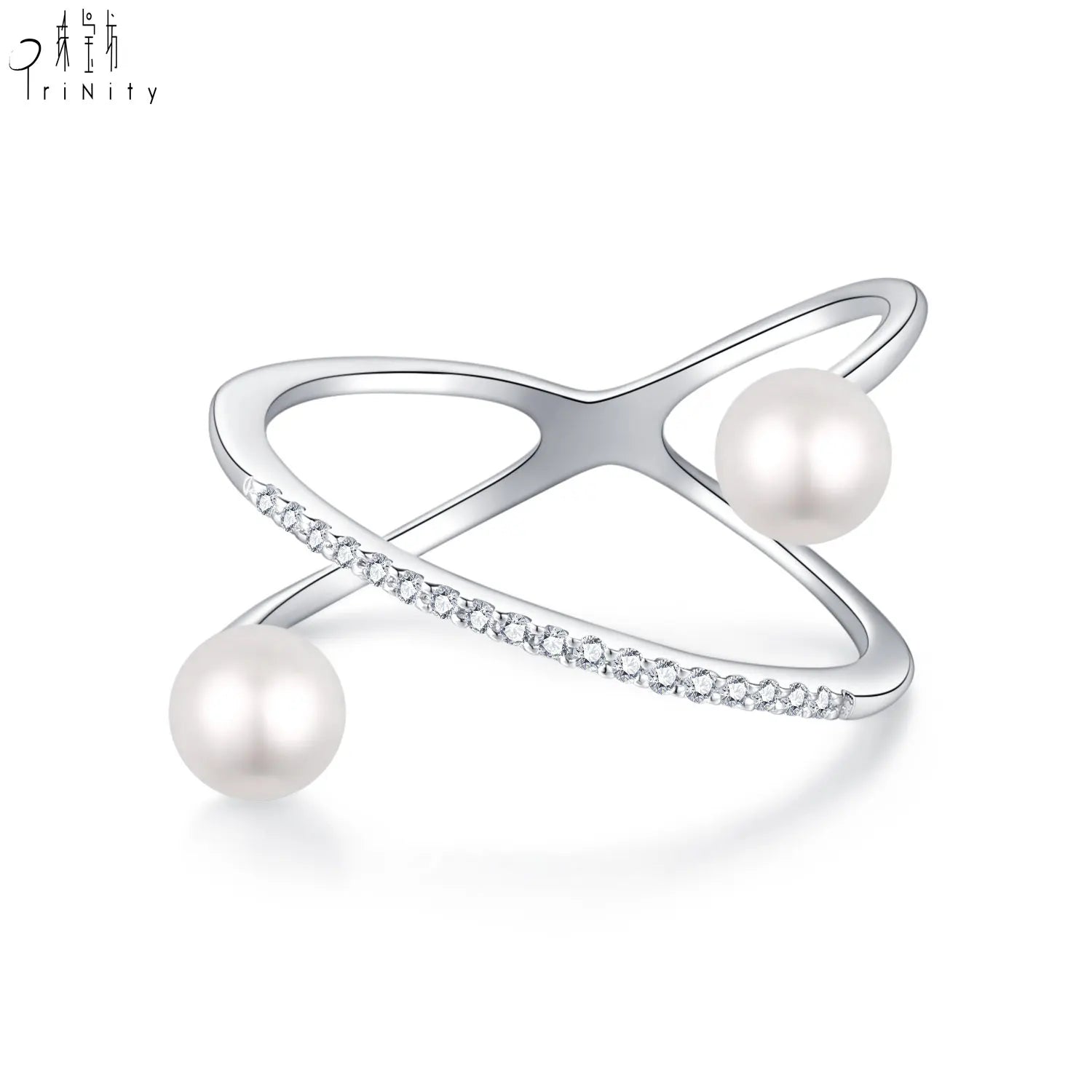 Elegant Lady's Fancy Pearl Ring New Trendy 18K White Gold with Natural Diamond for Party or Gift