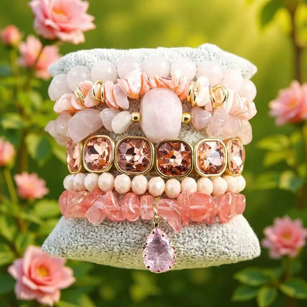 Pink Valentine's Day Cute Girls Jewelry Bohemian 6pcs Rose Quartz Natural Stone Glass Shell Beaded Elastic USA Flag Bracelet Set