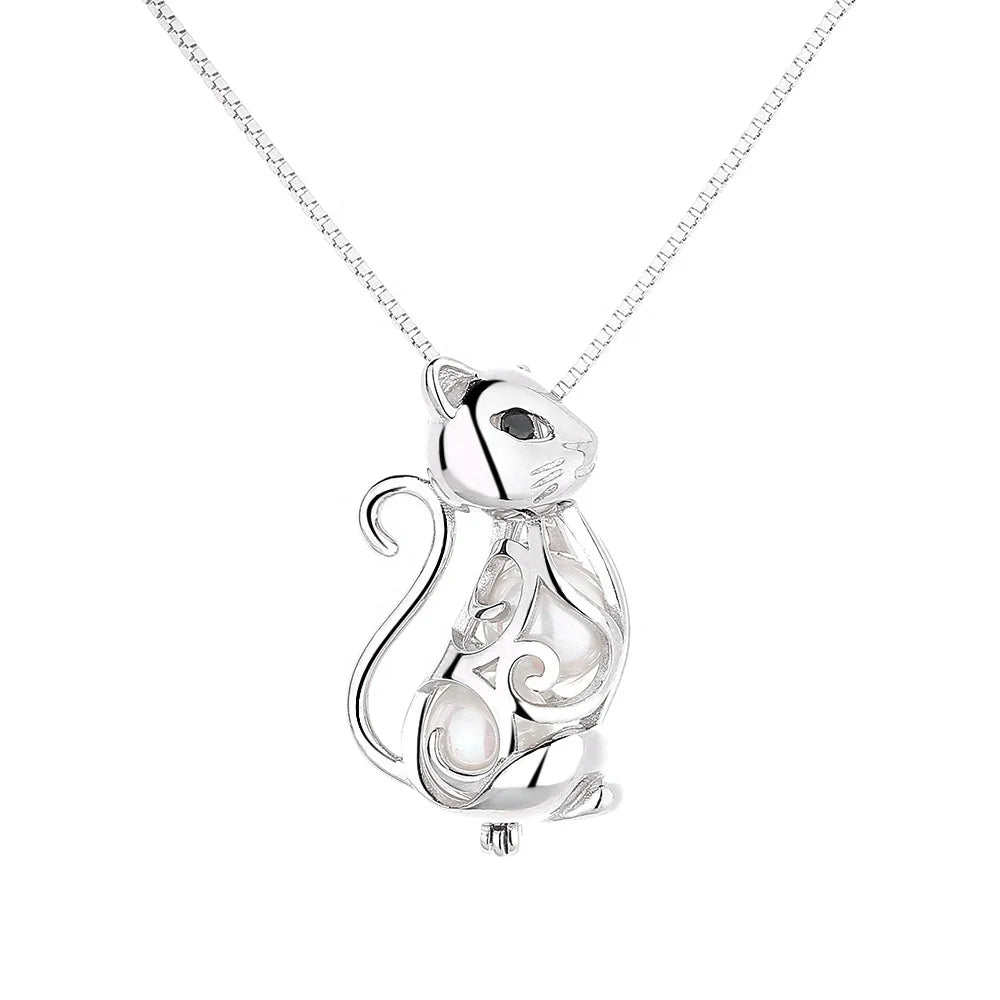 Cute 925 Sterling Silver Cat Pearl Pendant Necklace Jewellery