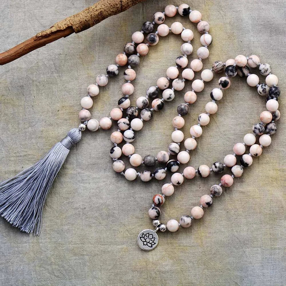 Boho 108 Beads Malas 8mm Crystal/Rhinestone Zinc Alloy Pink Jasper Onyx Chain Tassel Necklace Lotus Charm Handmade Yoga
