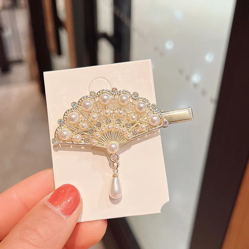 Chinese Style Fancy Hair Clip Accessories Fan Shape Pearl Pendant Duckbill Rhinestone Hair Clip