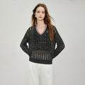100% Polyester Sequin Knit Sweater Women V-Neck Open-Work Linen-like Core Spun Yarn Jumper Contrast Tipping Top Apparel