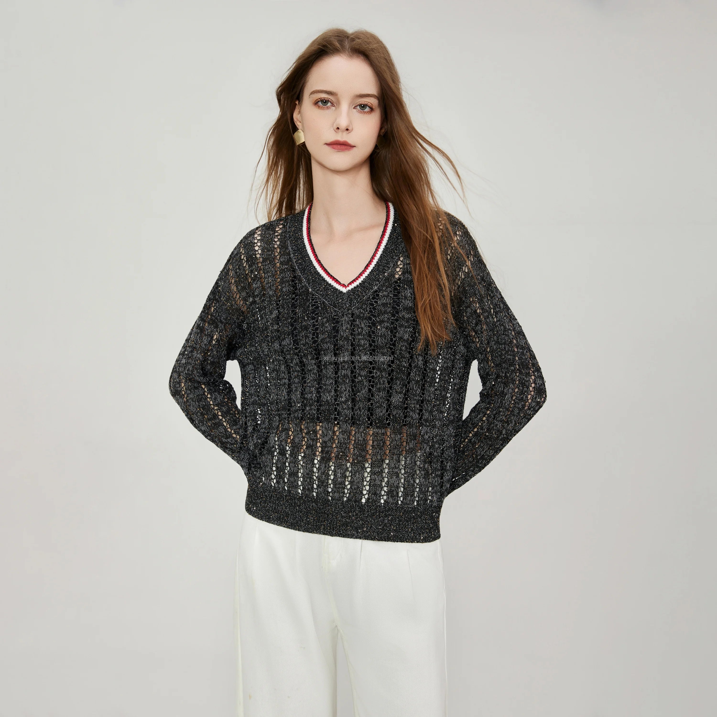 100% Polyester Sequin Knit Sweater Women V-Neck Open-Work Linen-like Core Spun Yarn Jumper Contrast Tipping Top Apparel