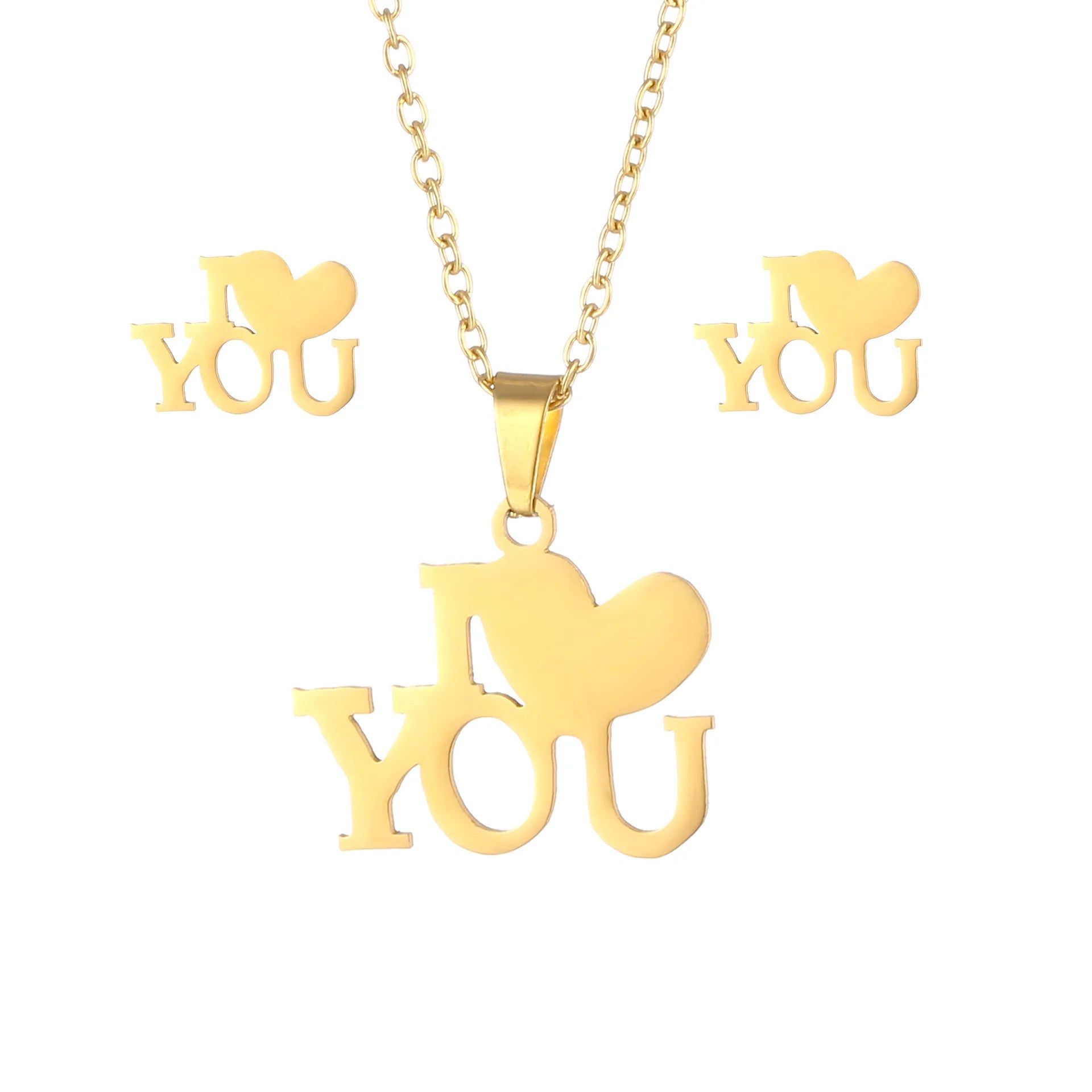 Brand New Stainless Steel Letter I Love You Pendant Necklace Earring Luxury Jewelry Set for Women and Girls