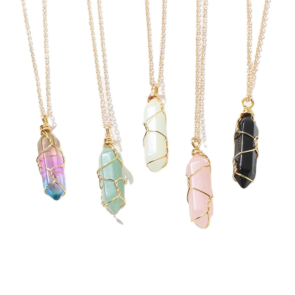 RisingMoon 2022 Fashion Colorful Stone Wrapped  Necklace Natural Crystal Hexagonal Column Necklace for Women