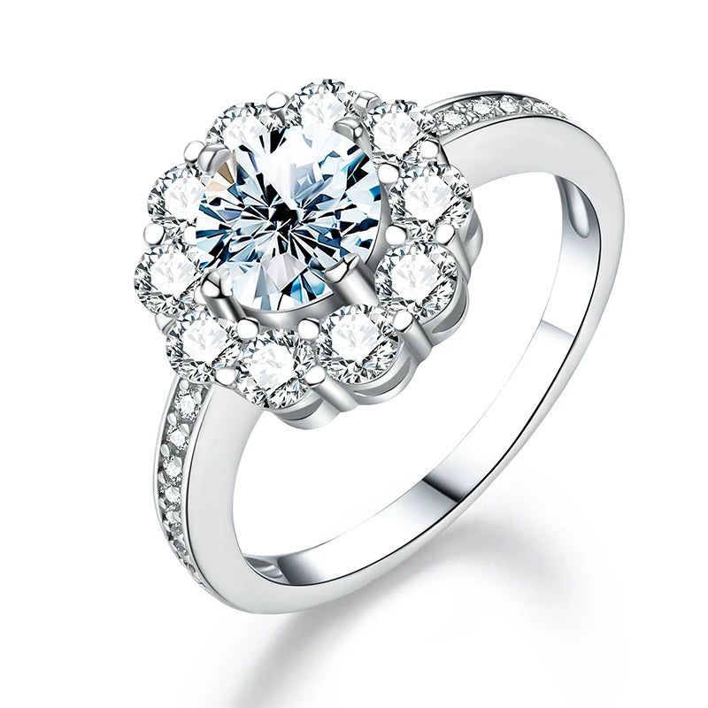 Sun Flower Halo Shaped Real 925 Sterling Silver Rings Gra Certificate  1ct 6.5mm Moissanite Ring for Women  Fine Jewelry