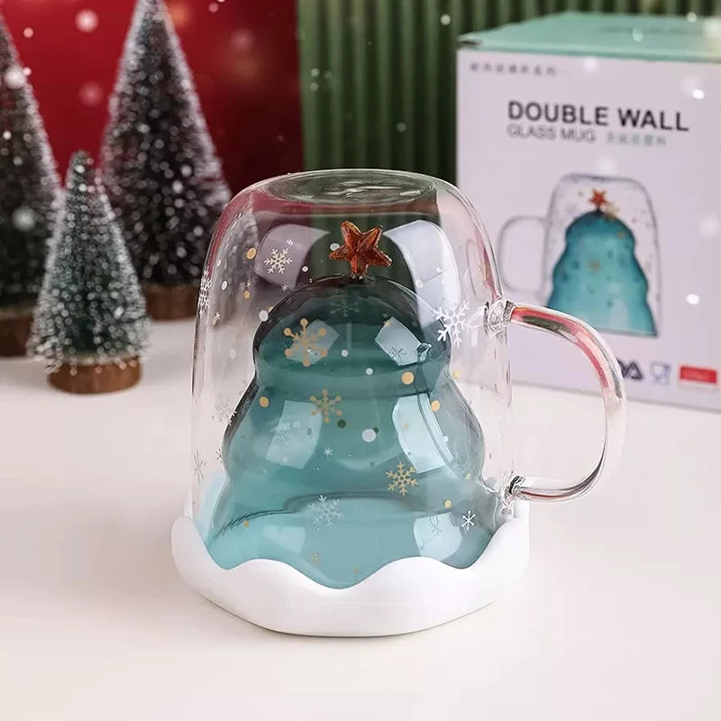 Cartoon Cute Heat Resistant Green Solid Christmas Tree Double Wall Coffee Water Glass Cup With Lid and Handle
