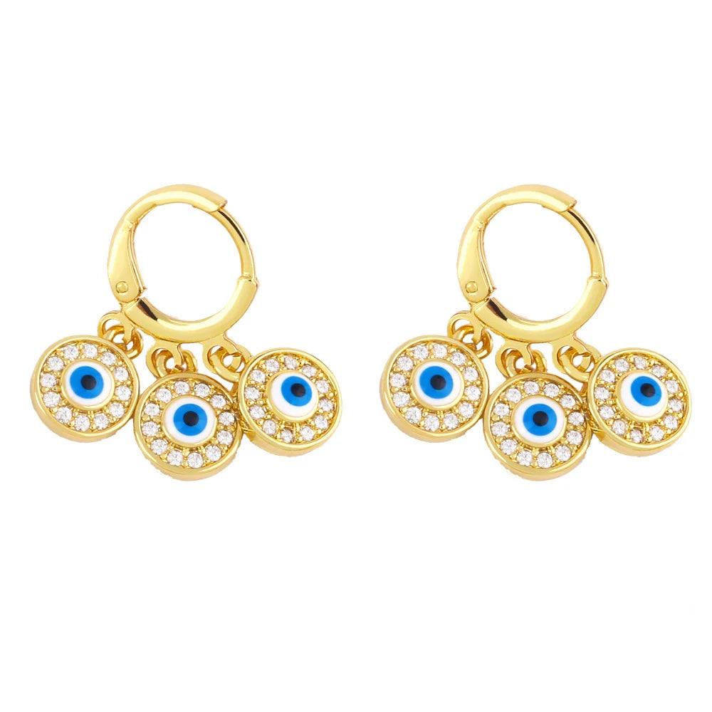 18k Gold Plated Micro-inlaid Zirconium Drop Oil Round Palm 3 Tassel Pendant Eye Earrings Fashionable Hot Sale Niche Design