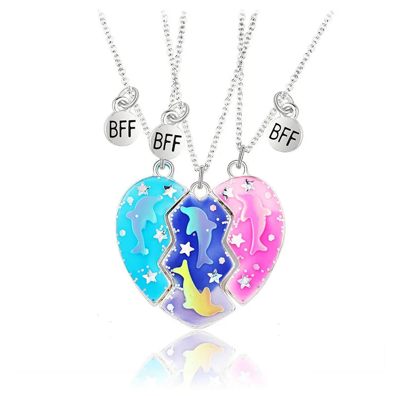 3pc Best Friends Necklaces Separable Enamel Dolphin Stars Sequin butterfly Heart Pendant Necklace Set BFF Children Girls Gifts