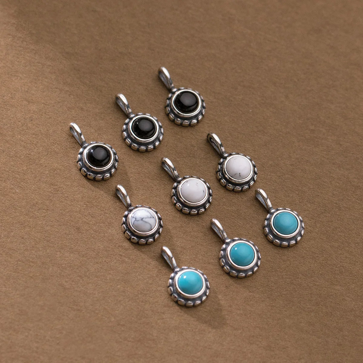 Tiny Round Bezel Turquoise Stone Pendant Antique 925 Sterling Silver Gemstone Charms for Jewelry Making Supplies