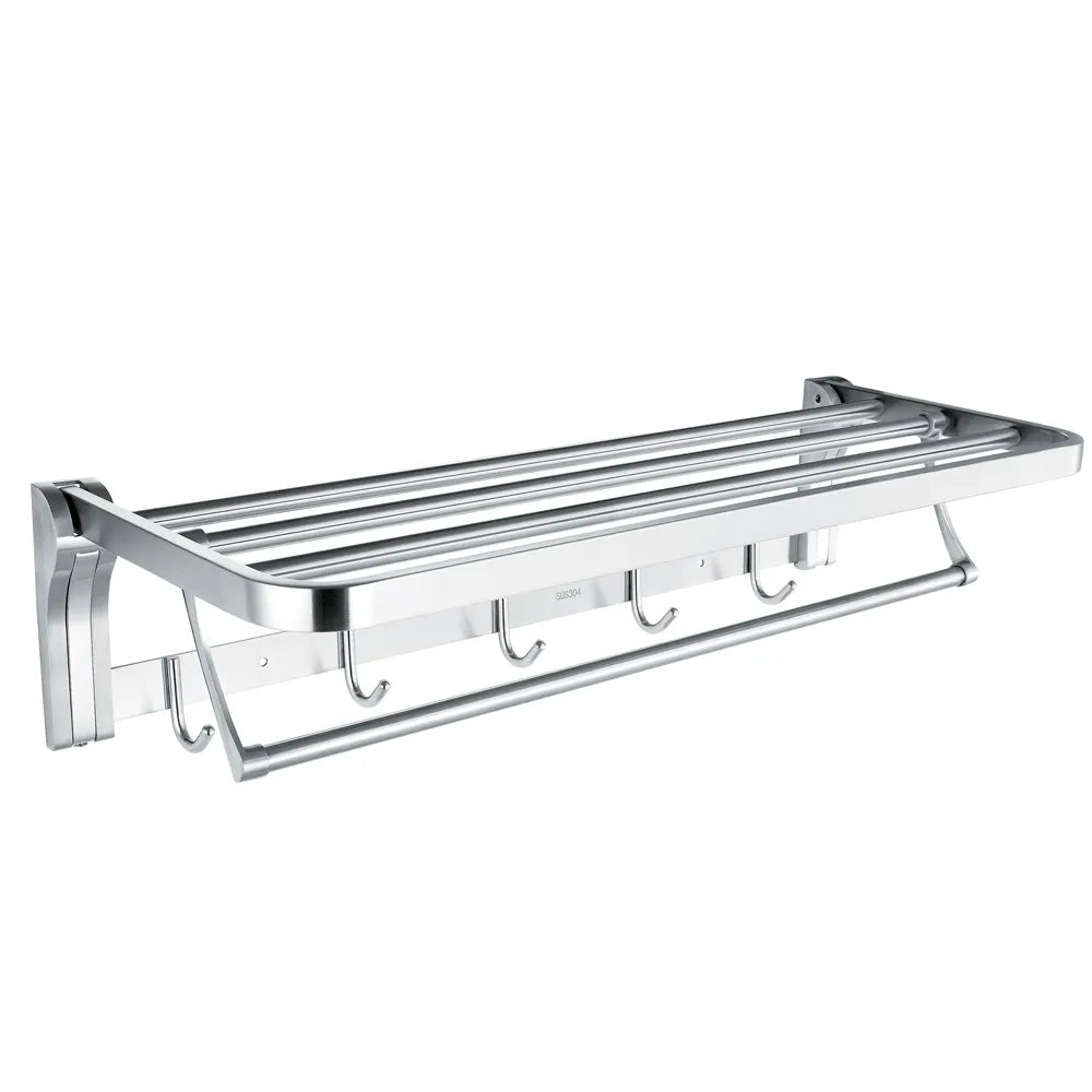 Hot Selling SUS 304 Modern Wall-Mounted Fixed Bathroom Shelf Holder Bar & Hooks Bracket Hanging Hotel Bath Towel Rack