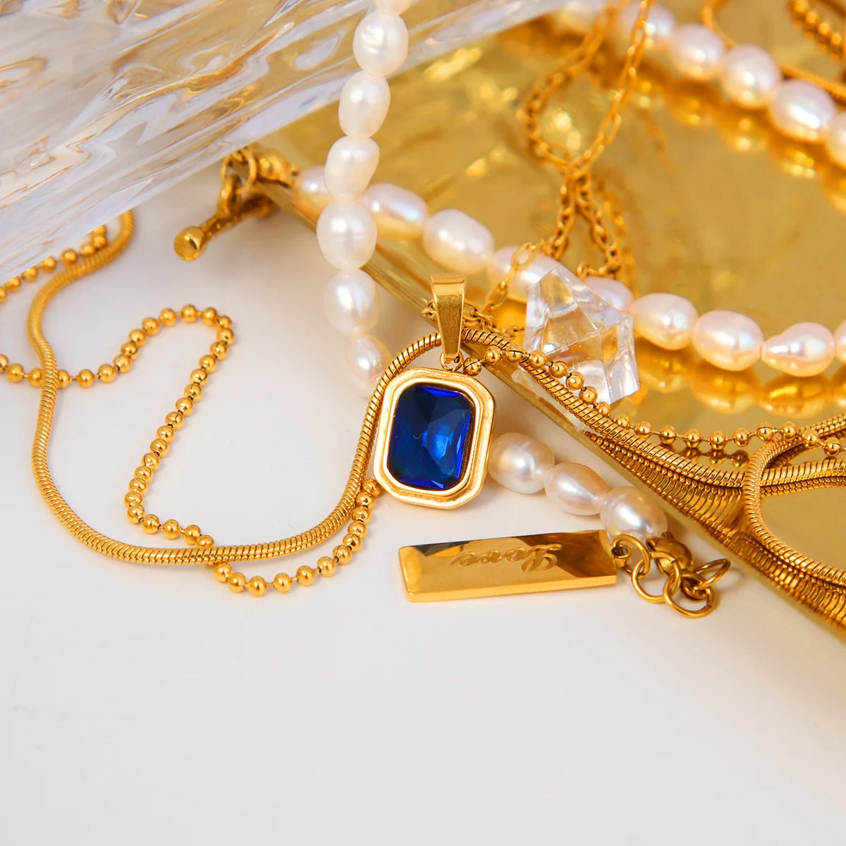 Chris April 316L Stainless Steel PVD Gold Plating Blue Crystal Necklace