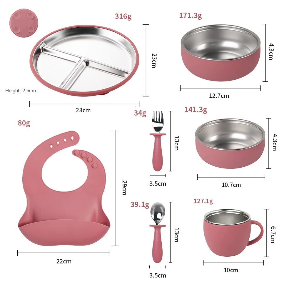 New Classic Design Children's Tableware 304 Stainless Steel and Silicone Dinner Plate with Suction Cup Boxed Packed