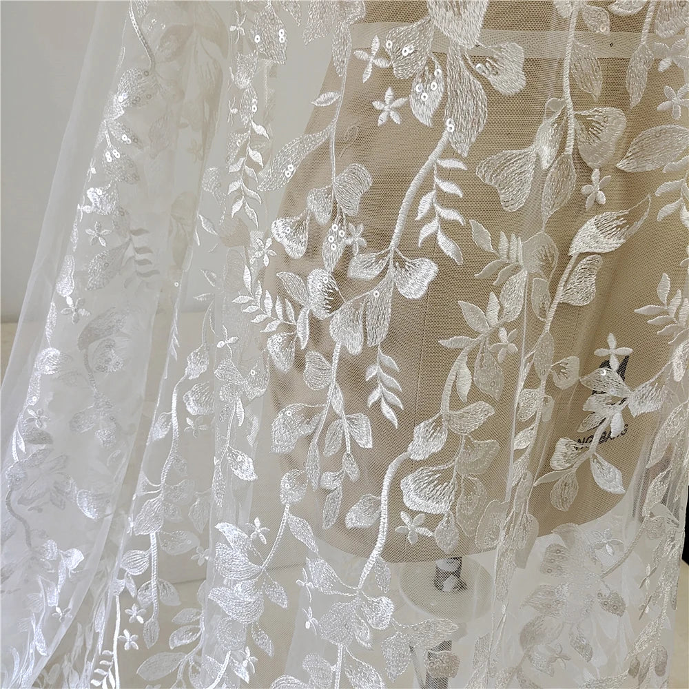 Lace Fabric Leaf Flower Heavy Industry Wedding Dress Dress Curtain Mesh Embroidery White DIY Yarn