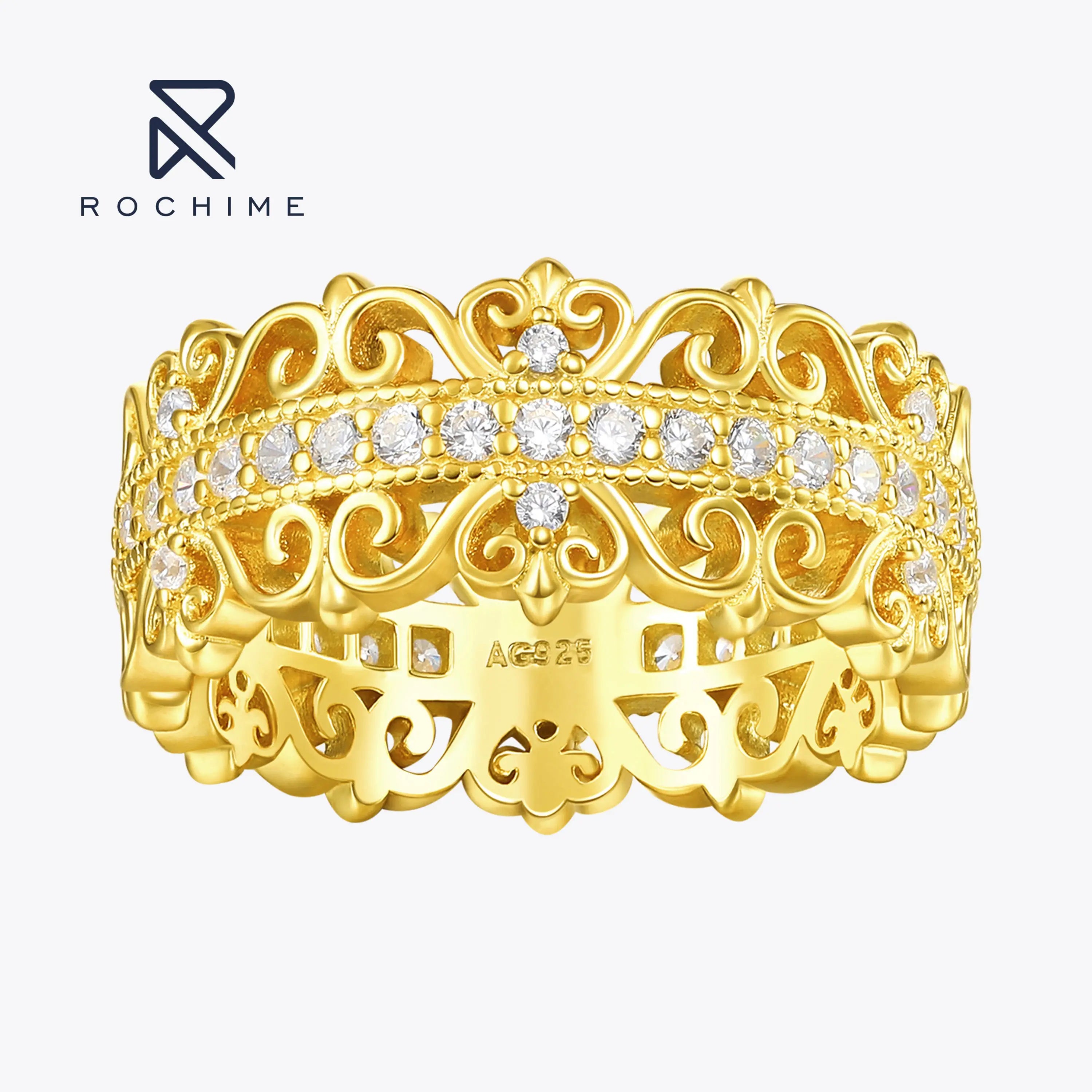 Rochime 18k Gold Plated Vintage Castle Lace Diamond Ring 925 Sterling Silver  Gold Plated Cubic Zirconia Rings for Women