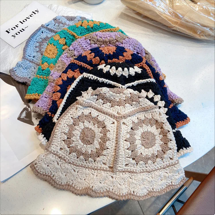 100% Cotton Multi Colour Autumn Winter Fashion Handmade Crochet Wool Foldable Knit Flower Knitted Fisherman Bucket Cap Hat