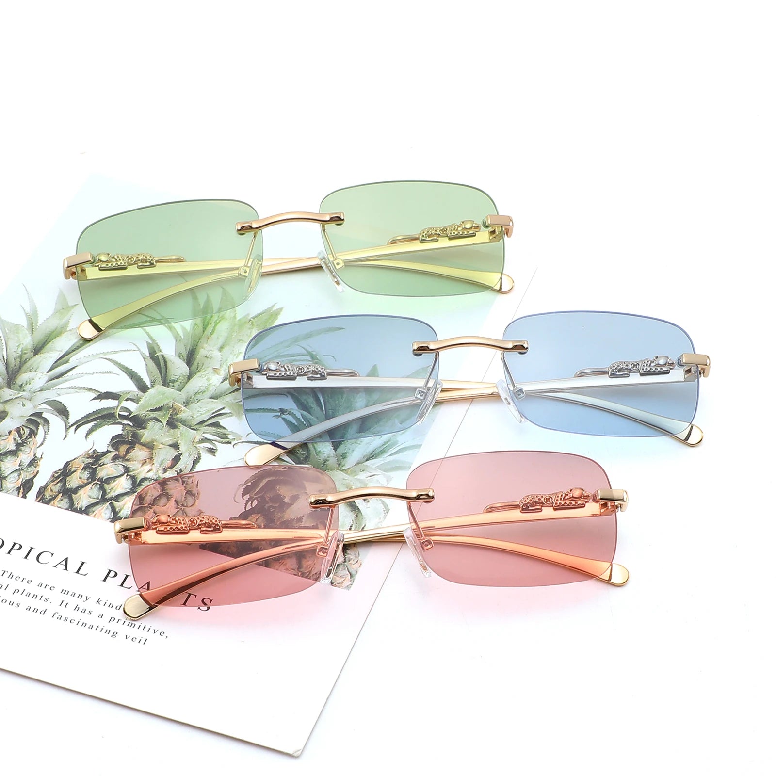CONCHEN New Arrival Sun Glasses Unisex Leopard Handmade Sun Glasses Metal Online Rimless Rectangle Sunglasses Women Men