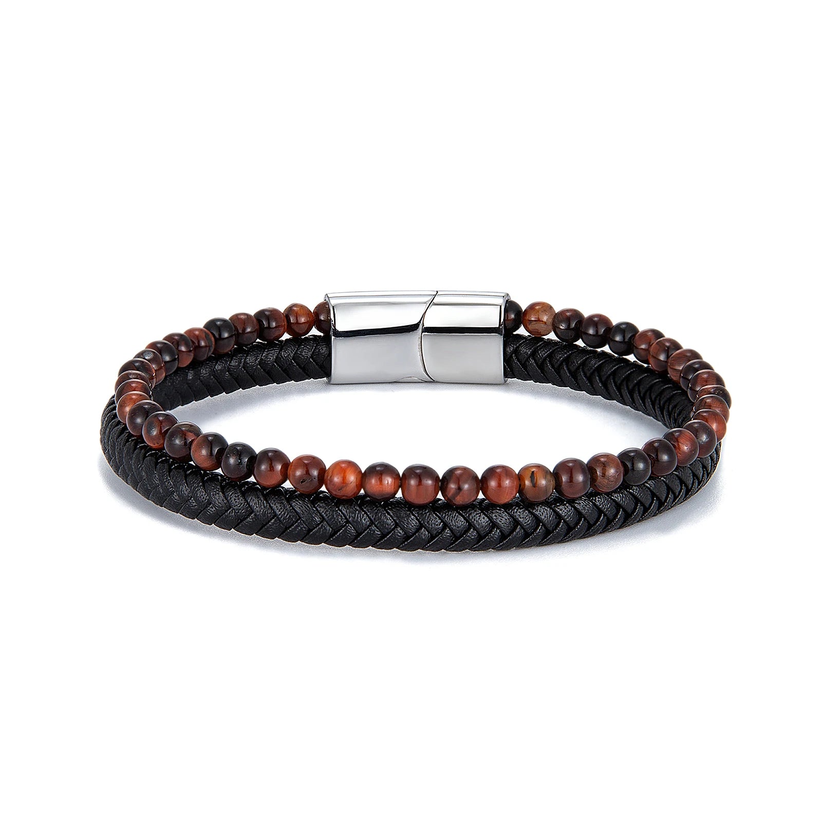 Handmade Red Tiger Eye Bead Leather Bracelet Natural Stone Stainless Steel Leather Bracelet for Men