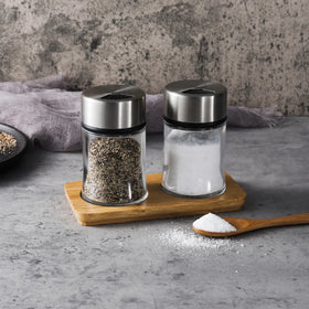 Kitchen Ware Hot Sale Eco-Friendly Plastic Stainless Steel Adjustable 70ml Multi-function Glass Jar Bamboo Base Spice Salt