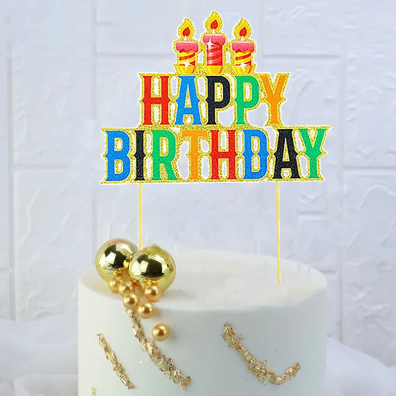 Happy Birthday Cake Topper Birthday Party Supplies Glitter Paper Cake Toppers with Candles Silver Gold Rim Cake Toppers