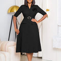 Latest Design Autumn Dresses Solid V Neck Half Sleeve Plus Size Belted Office Career Dress With Belt