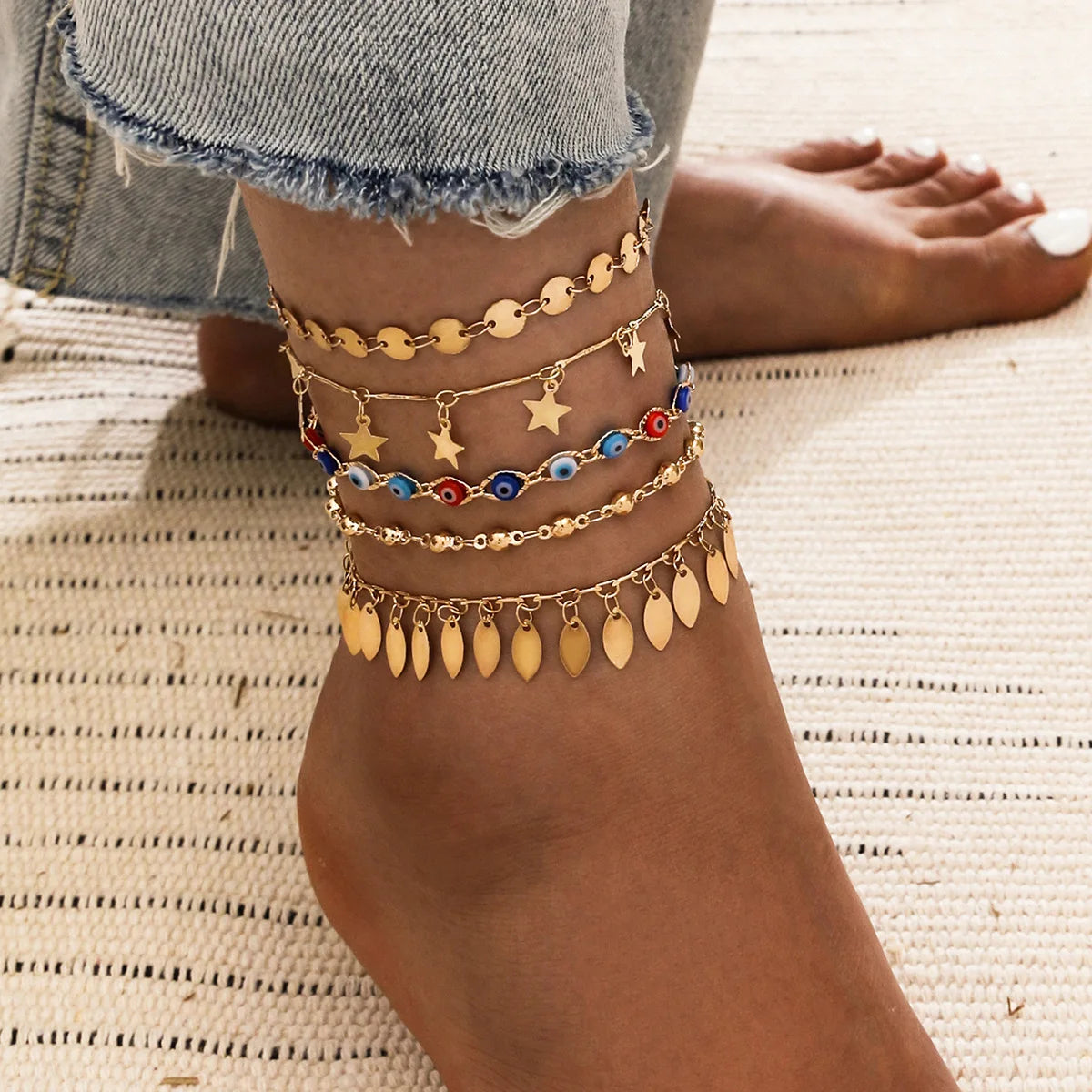 Wholesale Gold Plated Star Bohemian Star Tassel Women Foot Anklet Chain Jewelry