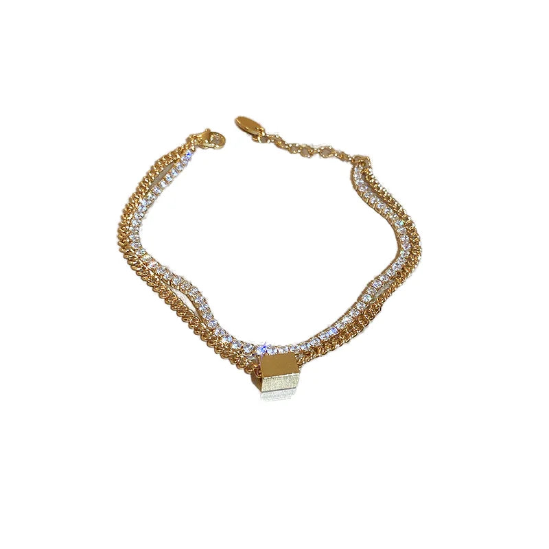 HOVANCI Chic Geometric Square Cube Tennis Chain Bracelet Double Layers Shining Gold Plated Rhinestone Crystal newest trendy