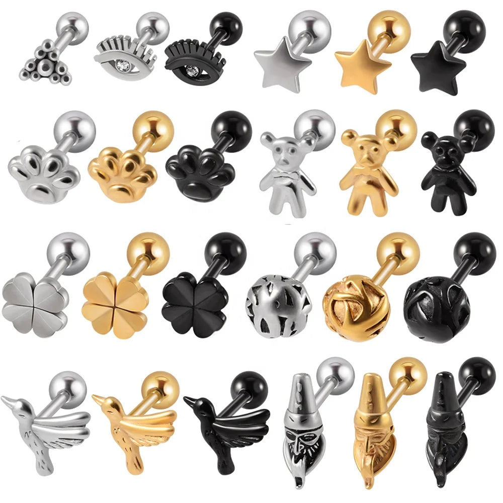 Stainless Steel Cute Mini Vintage Ear Studs Helix Cartilage Tragus Earrings Bird Snake Ear Lobe Piercing 16G Party Wholesale
