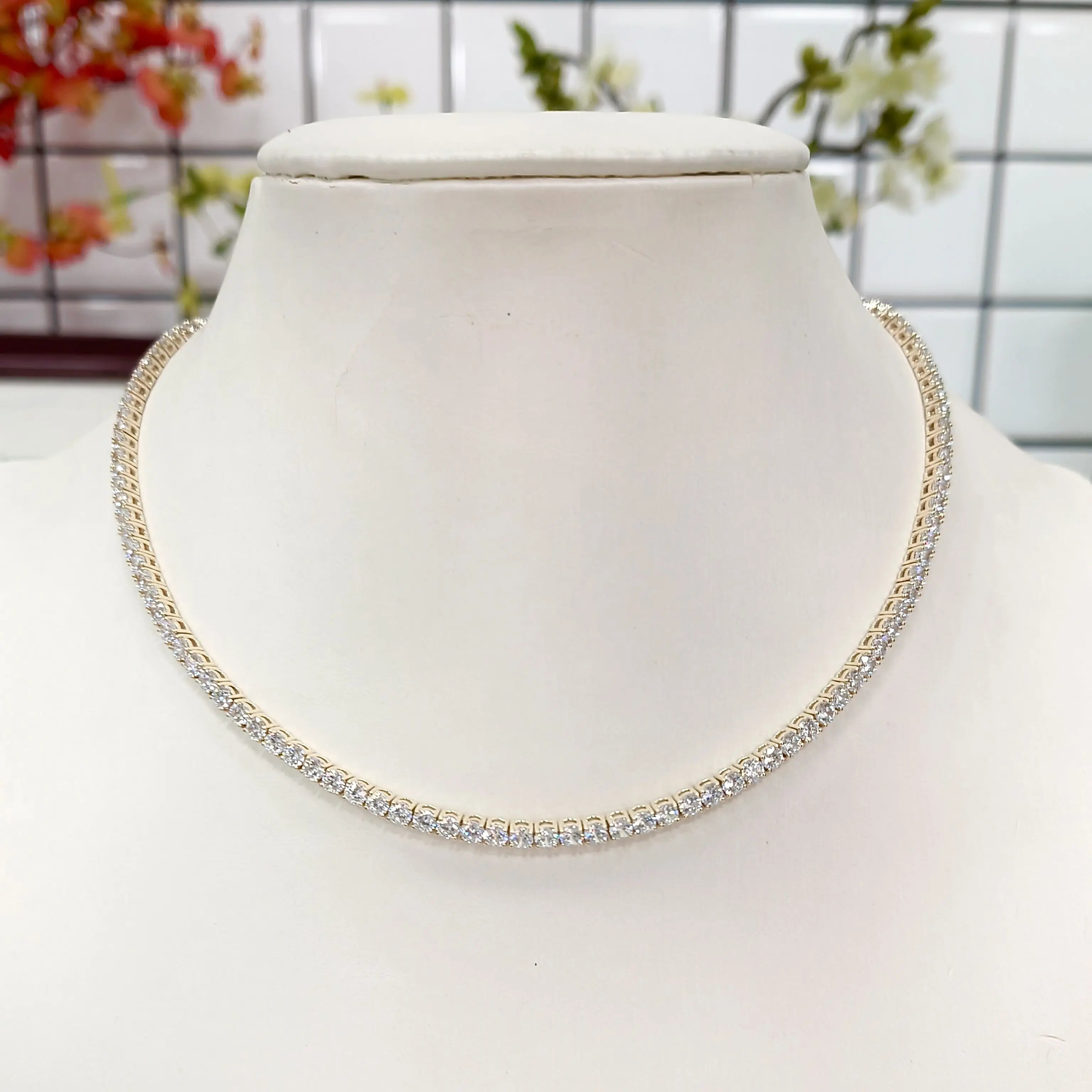 10K/14K/18K Solid Yellow Gold Tennis Necklace RD 3.0mm X 126pcs Clear CZ 15.0 Inch
