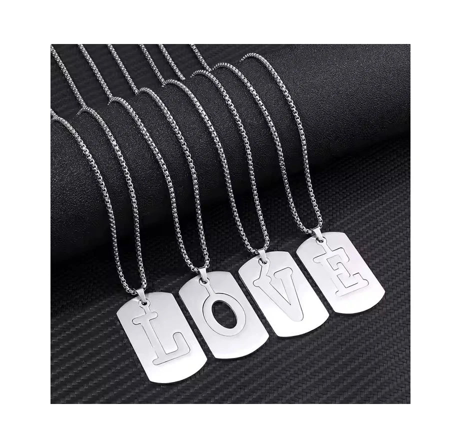 A-Z Inital Letter Necklace Personality Hip Hop Titanium Steel Square Pendant Arabic Letter Necklace for Men Jewelry
