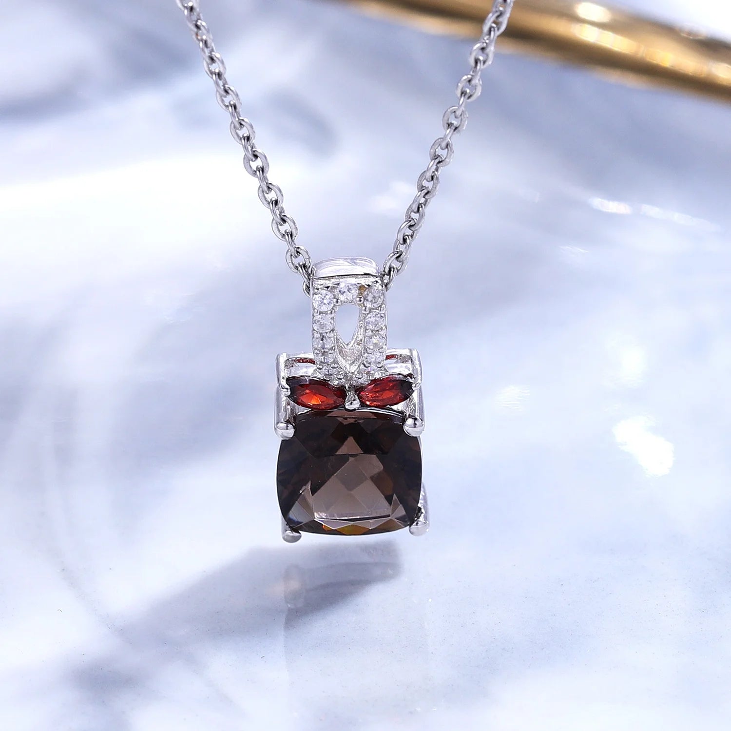 Vintage Trendy Cute 925 Sterling Silver Pendant Cushion Cut Garnet Smoky Quartz Natural Stone Charm Pendant for Making Jewelry