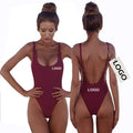 CUSTOM LOGO Women High Cut One Piece Bikini Tummy Control Low Back Scoop Neck Retro 80s Bathing Suit Thong Brazilian Swimsuit