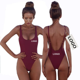 CUSTOM LOGO Women High Cut One Piece Bikini Tummy Control Low Back Scoop Neck Retro 80s Bathing Suit Thong Brazilian Swimsuit