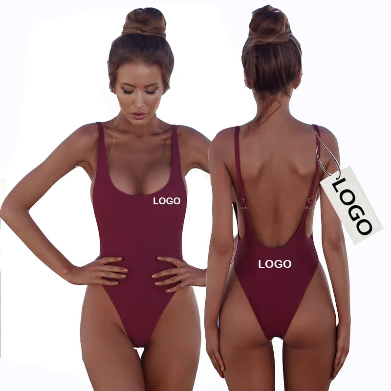 CUSTOM LOGO Women High Cut One Piece Bikini Tummy Control Low Back Scoop Neck Retro 80s Bathing Suit Thong Brazilian Swimsuit