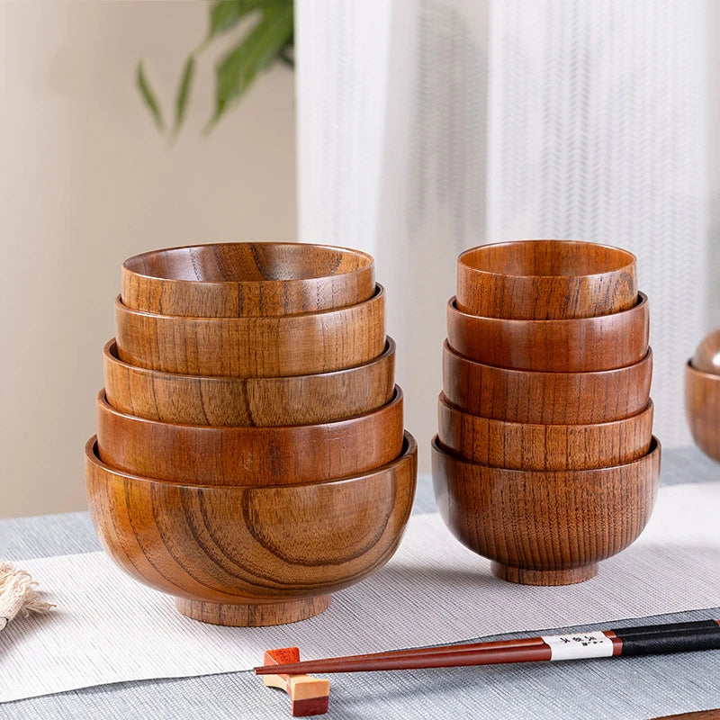 Handmade Eco-friendly Circular Wooden Bowls Red Date Wood Salad Bowls Children's Drop Resistant Wooden Rice Bowls