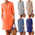 Women's Plus Size Cotton and Linen Mid-Length Casual Dress A-Line with Natural Waist Round Neck Long Sleeves Button Closure
