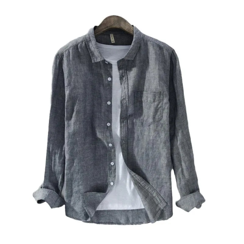 RNSHANGER Mens Cotton Linen Shirt Breathable Casual Solid Colors Loose Turn-down Collar Long Sleeve Button Shirts for Man