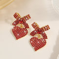New Simple Red Rhinestone Heart Pendant Stud Earrings for Women Versatile Design Sparkling Drop Fashionable Personality Jewelry