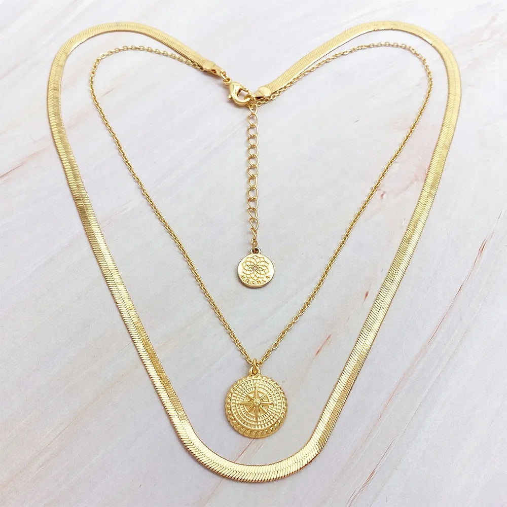 14k 18k Gold Plated Brass Double Layer Classic Star Link Chain Choker Pendant Necklace for Women