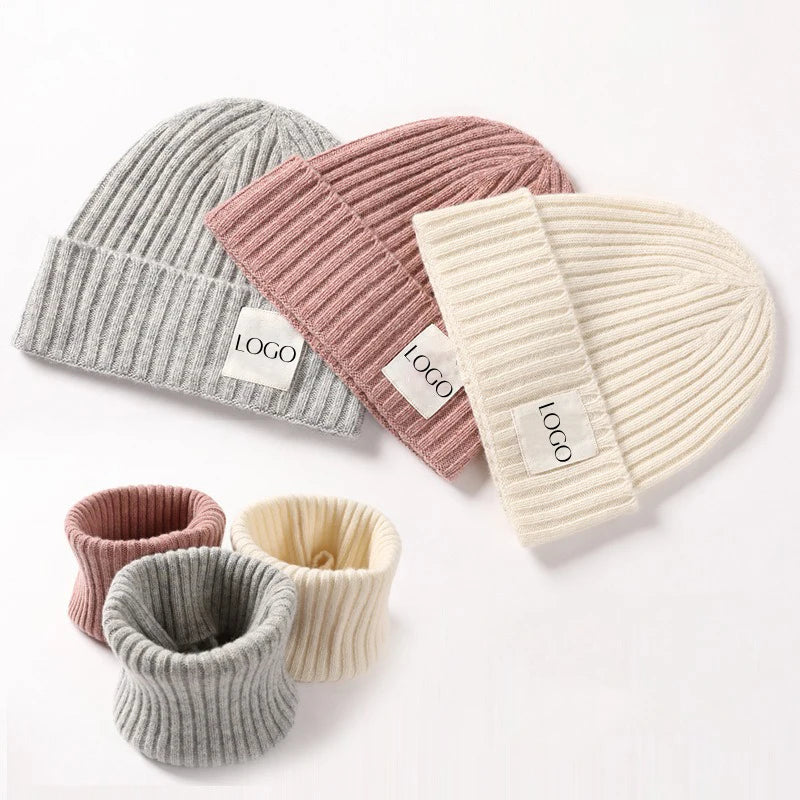 100% Merino Kids Wool Beanie Set With LOGO Custom Pure Wool Ribbed Knit Warm Winter Scarf Hat